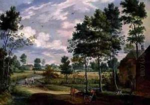 Figures outside a Cottage in a Country Landscape