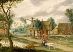 A village landscape with a woman drawing water from a well