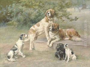 Two St. Bernards, a black Cocker Spaniel, an English Setter and a black and white Terrier by Edmund Henry Osthaus