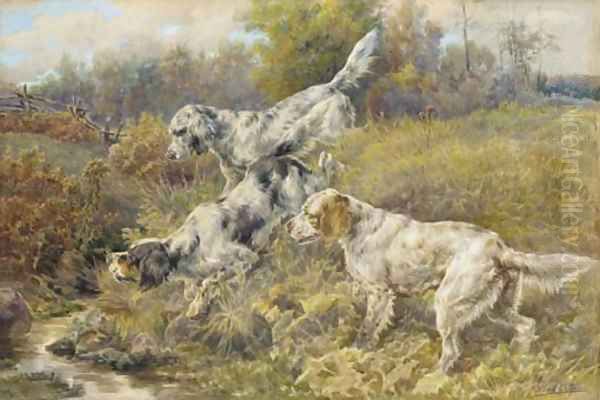 English Setters at a stream - view 1