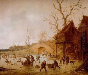 A Winter Landscape With Skaters, Children Playing Kolf And Figures With Sledges On The Ice Near A Bridge