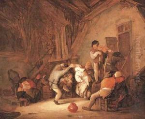 Peasants dancing and drinking in a tavern interior by Isaack Jansz. van Ostade