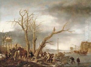 A frozen river landscape with woodsmen felling a tree A frozen river landscape with woodsmen felling a tree