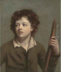 Portrait of a boy, bust-length, in a brown coat, holding a staff