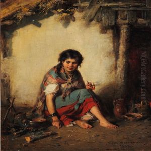 Young Gypsy Playing The Flute And Young Gypsy Girl Smoking A Pipe by Hermann Kern