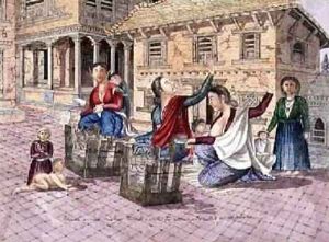 Newar women making thread with the instrument called a chirkaha Nepal 1854 by Dr. H.A. Oldfield