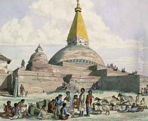 Tibetans and their Sheep at the Stupa at Bodnath near Kathmandu 1852-60