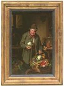 Kitchen Interior With A Greengrocer. Oil/panel, Signed
