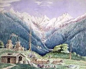 The Thailgaupa River at its Source in the Lakes of Gosainkund, sketched from the Tibetan Village of Donchah 1860