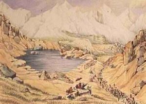 Soldiers invading Tibet from Nepal entrance to the Keerung Pass. The plain is part of the Town of Keerung with the Valley of Pauring Tiar and the Buoria Gondu river May 1855