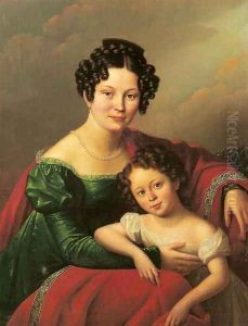 Portrait of a Young Woman and her Daughter by Jozef (Joseph) Oleszkiewicz