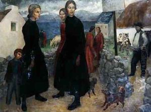 The Atlantic Inn A Group of Figures Standing beside Cottages on the Irish Coast 1932