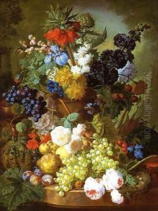 Still Life of Flowers, Fruit and Bird's Nest on a Marble Ledge by Georgius van Os