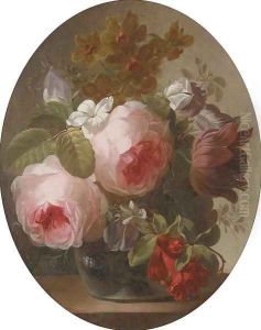 Roses, jasmine, a tulip and other flowers in a glass vase on a ledge
