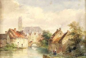 A river landscape by Pierre Justin Ouvrie
