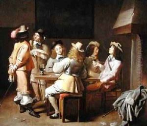 A Guardroom with Soldiers Playing Cards and Smoking at a Table by Jan Olis