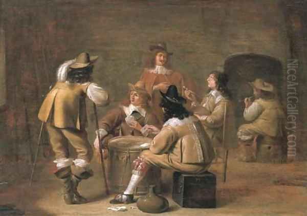 Militiamen smoking and playing cards in an interior - view 1