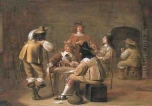 Militiamen smoking and playing cards in an interior by Jan Olis