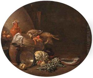 A kitchen interior with a hare and a mallard on a table by a basket with fish on a terracotta plate, apples, artichokes and other vegetables by Jan Olis