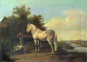 A Grey Horse and a Goat in a River Landscape by Pieter Frederik Van Os