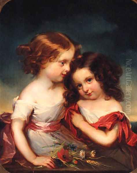 Portrait of two Sisters, half-length, in white dresses with red ribbons, holding flowers - view 1