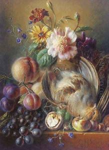 Partridge, prunes, peaches, grapes and flowers in a vase on a ledge