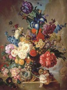 Roses, peonies, irises, hollyhocks, narcissi, blazing star, primulas, marigolds and other flowers with a Five-spot burnet moth in a vase