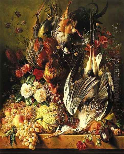 A still life of a heron, a cockerel, a partridge, grapes, a melon and flowers on a ledge - view 1