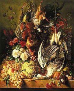 A still life of a heron, a cockerel, a partridge, grapes, a melon and flowers on a ledge