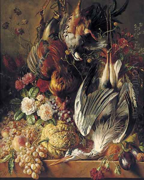 Flowers, fruits and poultry on a ledge - view 1