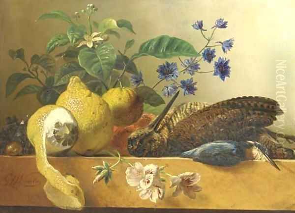 A snipe, a kingfisher, lemons and flowers on a ledge - view 1