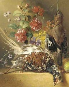 Dead game, morning glory, peonies, narcissi, roses and other flowers with fruit and nuts on a ledge