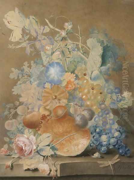 Fruits and flowers on a ledge - view 1