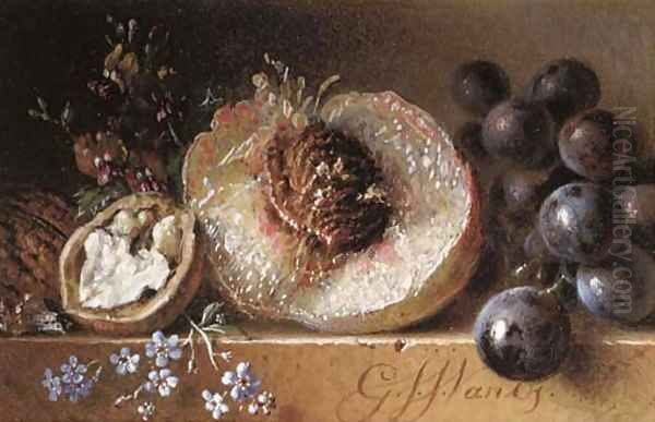 Walnuts, peach and grapes on a stone ledge - view 1