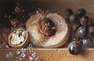 Walnuts, peach and grapes on a stone ledge by George Jacobus Johannes Van Os