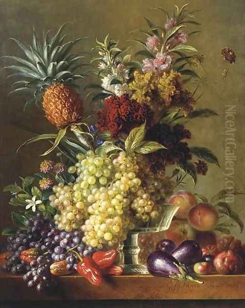 Fruits, vegetables and flowers on a ledge - view 1