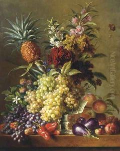 Fruits, vegetables and flowers on a ledge