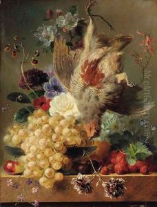 Grapes, strawberries, chestnuts, an apple and flowers with game on a marble ledge