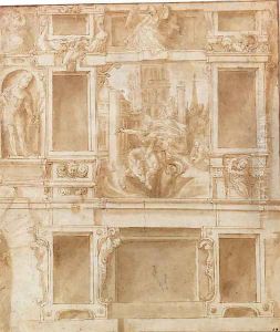A design for a section of painted faade decorated with the Sacrifice of Marcus Curtius and Mucius Scaevola, and other figures by Lelio Orsi