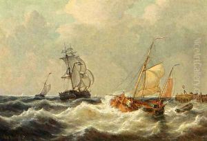 Sailing Vessels In Choppy Waters by George Willem Opdenhoff