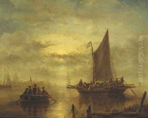 Moored sailingvessels in moonlight by George Willem Opdenhoff