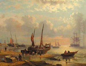 A coastal scene with sailingvessels and fishermen at work on a beach by George Willem Opdenhoff
