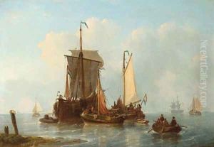 A vis hoeker and other Dutch fishing ships riding at anchor by George Willem Opdenhoff
