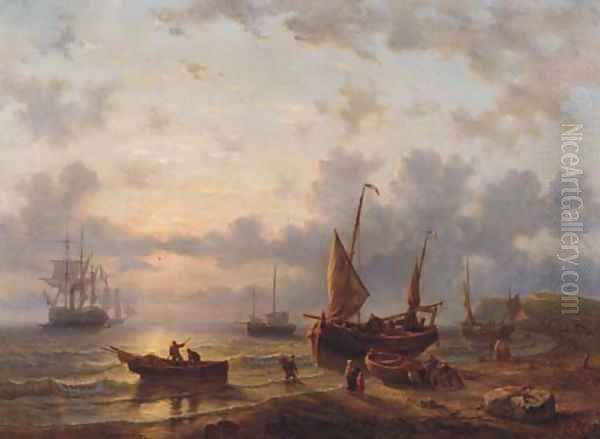 A French coastal scene with fishermen working at dusk - view 1