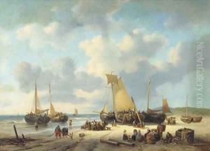 Daily activities on a sunlit beach by George Willem Opdenhoff