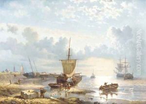 Early morning daily activities on the beach of Scheveningen by George Willem Opdenhoff