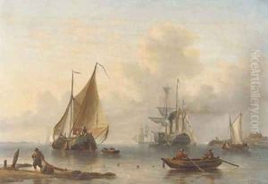A calm a busy day near a coast by George Willem Opdenhoff