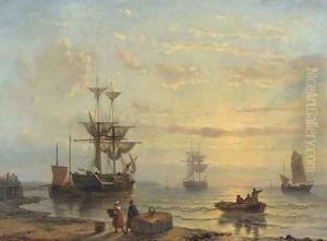 Shipping in a quiet bay at sunset