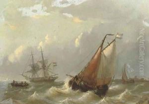 Dutch vessels on choppy waters by a coast by George Willem Opdenhoff