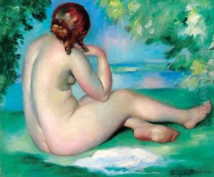 A female nude in a landscape by Henri Ottmann